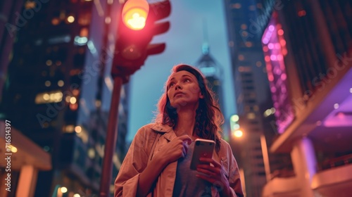 Young Woman Using Smartphone in Urban Night Setting - City Life and Connectivity