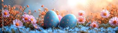 Beautiful postcard with easter decoration and painted colorful easter eggs. Banner
