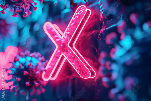  neon lightning "x" on the background of macro blurred viruses
