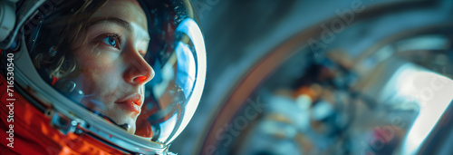  woman astronaut wearing spacesuit helmet