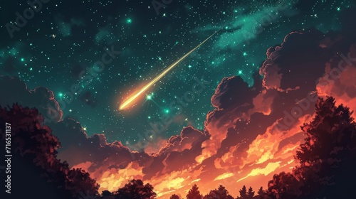 Cartoon Illustrate of meteor shower in the starry night sky. Stars Sky cartoon background.