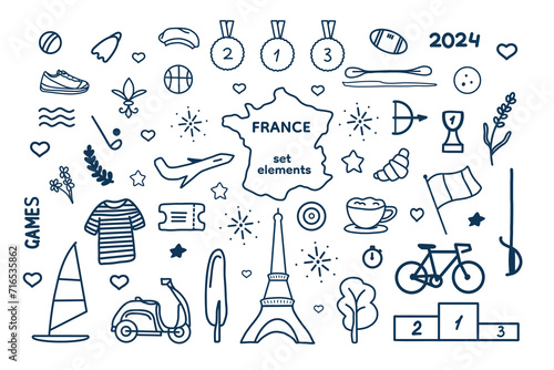 Line sketch of Paris symbols, decorative elements, tourist food and c sports. Vector illustration for cards, background, design, stickers, patterns, social media posts, flyers, brochures.
