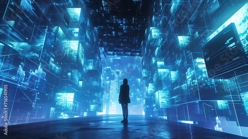 An immersive virtual environment depicting the integration of AI and digital elements into everyday user experiences The scene showcases a user navigating through a digitally transformed space,