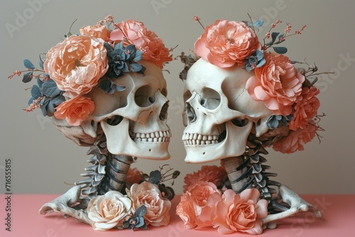 Two Human Skeleton Models Positioned Face to Face With Orange Roses Against a Coral Background