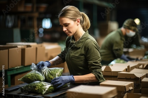 A female military volunteer collects food and equipment into boxes to be sent as humanitarian aid. Concept: organizing logistics and helping the army 