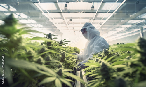 Indoor cannabis cultivation facility, Rows of marijuana plants. Workers dressed in white uniform meticulously inspect and care for plants. Image with green ripe Medical marijuana MMJ branches.
