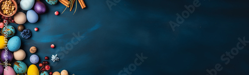 Osterbanner mit bemalten Eiern auf dunkelblauem Hintergrund. Draufsicht, flach gelegt mit Kopierraum