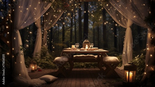 A captivating background showcasing a secluded forest clearing adorned with glowing fairy lights and a canopy of stars, perfect for intimate Valentine's Day gatherings or romantic esca - Generative AI
