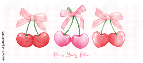 group of Red and hot pink coquette cherries with ribbon bow, aesthetic watercolor hand drawing banner.