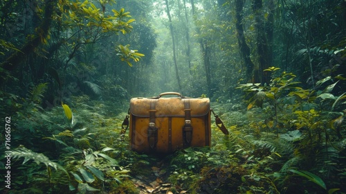 Forêt luxuriante avec sac à dos orange : Atmosphère mystique en pleine nature