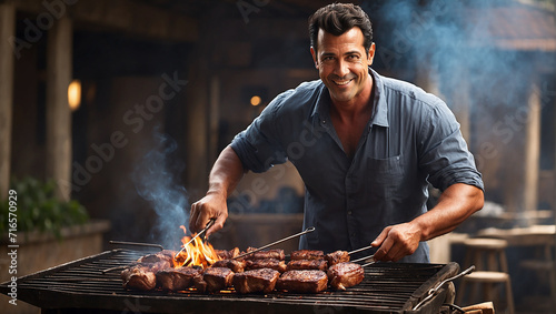 man grilling meat on barbecue