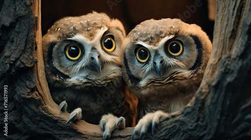 Two great horned owls on a tree branch created with Generative AI technology
