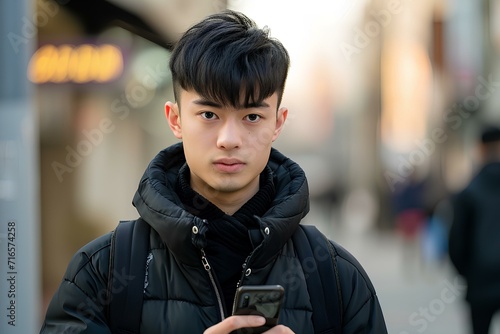 In the afternoon, short black hair, a 20-year-old asian man, wearing a black jacket, standing in the street, impassive expression, holding a mobile phone in his hand. generative AI 