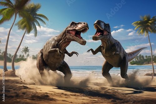 Deux Tyrannosaurus rex en train de se battre sur une plage tropicale