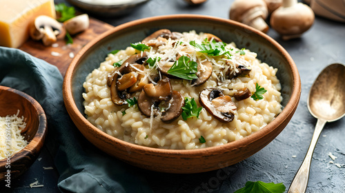 A bowl of creamy risotto with mushrooms and parmesan