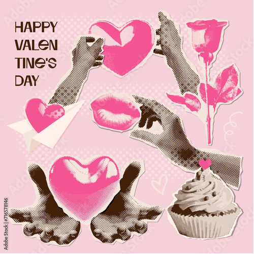 Halftone collage valentine's day set with funky torn out magazine paper shapes. Cake, hands holding hearts, rose, paper plane. Trendy vintage vector illustration