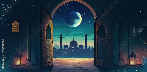 View from an arched entrance to a mosque under a full moon. The concept of celebrating Ramadan