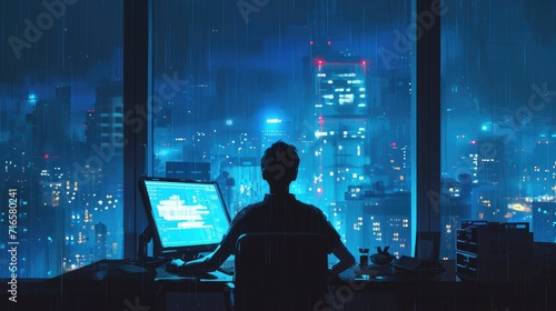 A lone figure bathed in the blue glow of a computer screen, fingers flying across the keyboard, city lights twinkling through the window, deadline looming but eyes burning with determination,