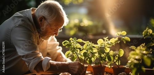 Grandfather plants flowers in the greenhouse. Concept: retirement, leisure and plant breeding and garden care 