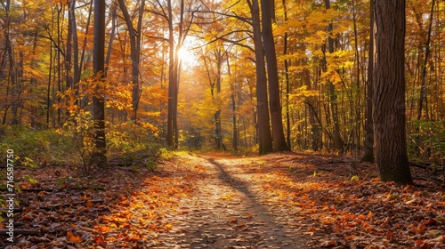 A winding forest path bathed in golden sunlight, fallen leaves creating a vibrant carpet under towering oaks adorned with fiery autumn foliage.