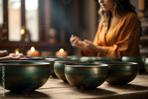 Sound Healing Singing ritual meditation bowls with a background of a temple, a meditating girl and candles
