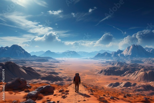 An expansive desert landscape with a solitary traveler standing under a vast, starry sky.