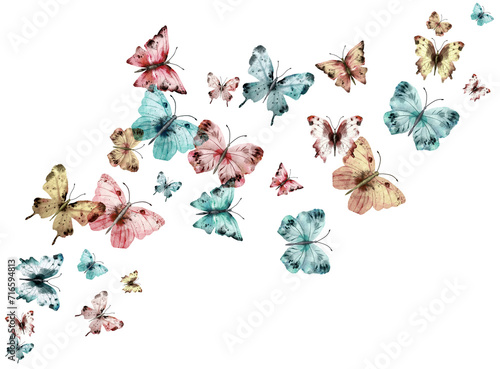 Watercolor spring background with butterflies. Digitally hand painted PNG transparent illustration.