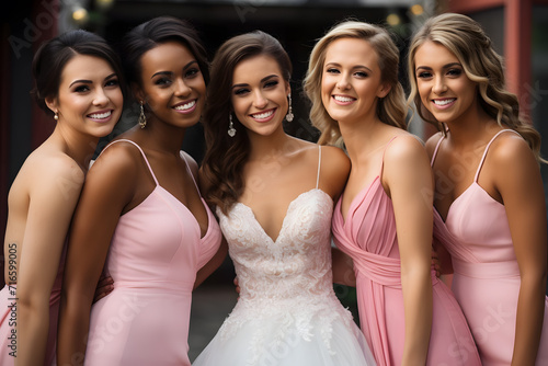 Bride with her bridesmaids dressed in pink