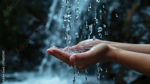 Close-up of a person's hand catching clear water droplets from a natural river. Water saving concept