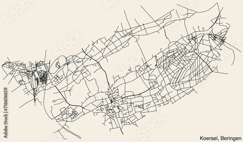 Detailed hand-drawn navigational urban street roads map of the KOERSEL COMMUNE of the Belgian municipality of BERINGEN, Belgium with vivid road lines and name tag on solid background