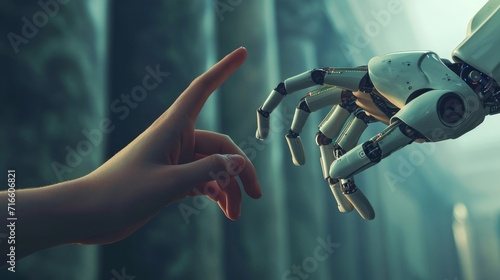 Futuristic Robot Arm Touches Human Hand in Humanity and Artificial Intelligence Unifying Gesture. Conscious Technology Meets Humanity