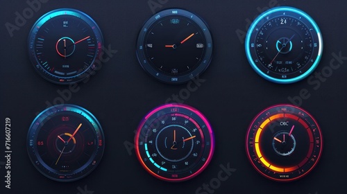 Mechanical Clock Style Smartwatch Faces Bezel Designs. Digital Watch HUD Dial with Minute, Hour, Second Marks. Timer or Stopwatch. Blank Measuring Circle Scale Vector Illustration