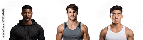 Fitness Instructors: Asian, Black, and American Men - Sporty Guys, Muscular Athletes, Set of Bodybuilders, Isolated on Transparent Background, PNG