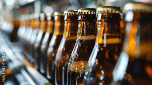 Bottles of beer on a conveyor belt in a factory.