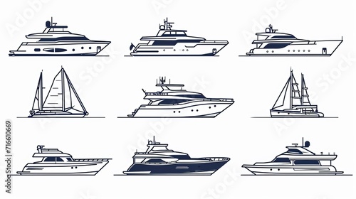 Yacht, icon set. yachts motor boats, linear icons. Boat Icon Vector Illustration. Thin line style vector. White background