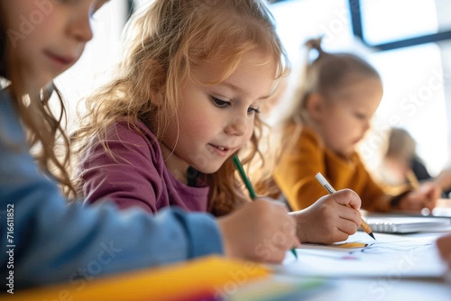 Happy children drawing at school