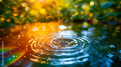 A crystal-clear droplet dances mid-air, sunlight catching its iridescence, as it plunges into a serene pond, creating ripples and reflections that mesmerize the onlooker