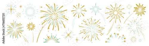 Set of new year firework vector illustration. Collection of golden, light green fireworks on white background. Art design suitable for decoration, print, poster, banner, wallpaper, card, cover.