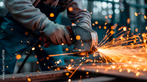Man working with angle grinder and polishing metal with sparks