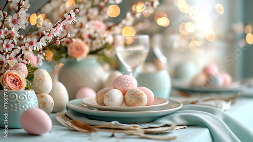 easter still life with eggs and flowers - Pastel Easter Table: A Captivating Display of Elegance and Festive Delights