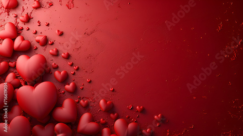 Valentine's day, 14 february theme banner. Love and romance background. Red wall with heart shapes. Space for text, generative ai
