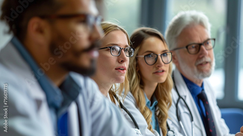 A group of interns engaging in a collaborative discussion with a senior doctor during a medical conference. The diverse exchange of ideas and knowledge showcases the continuous lea