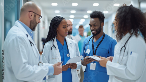 A diverse team of doctors and interns collaborating on patient rounds in a modern hospital setting. The interaction emphasizes the interdisciplinary approach to healthcare and the