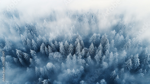 The northern cold coniferous forest is covered with frost and snow, the landscape is an aero view