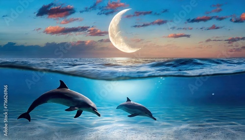Background of amazing crescent full moon over the sea and dolphins under the sea
