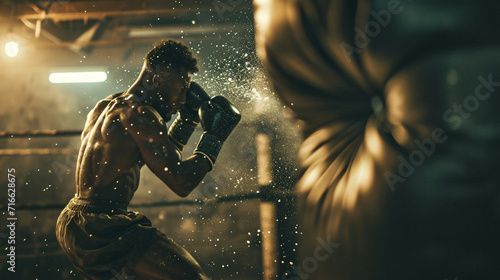 A boxer training in a dimly lit gym throwing punches at a heavy bag.