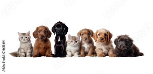 Cute pets domestic animals, puppies and kittens in a row isolated on white transparent, PNG