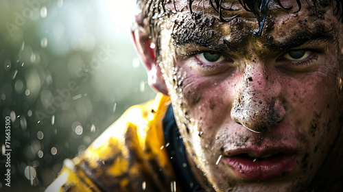 A close-up of a rugby player in action with intense focus and determination.