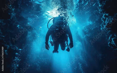 A fearless divemaster, equipped with fins and an oxygen mask, explores the mysterious depths of the underwater world in their dry suit