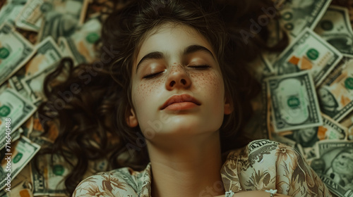 woman lying on the bed and dreaming about money, ai